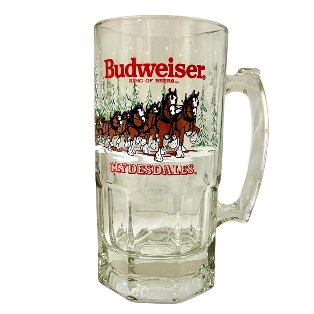 Budweiser Anheuser-Busch Clydesdales Large Glass Mug ‘92 VTG Christmas Barware